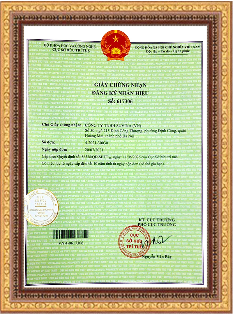 SUVINA có chứng nhận đăng ký nhãn hiệu cấp bởi Cục Sở Hữu Trí Tuệ