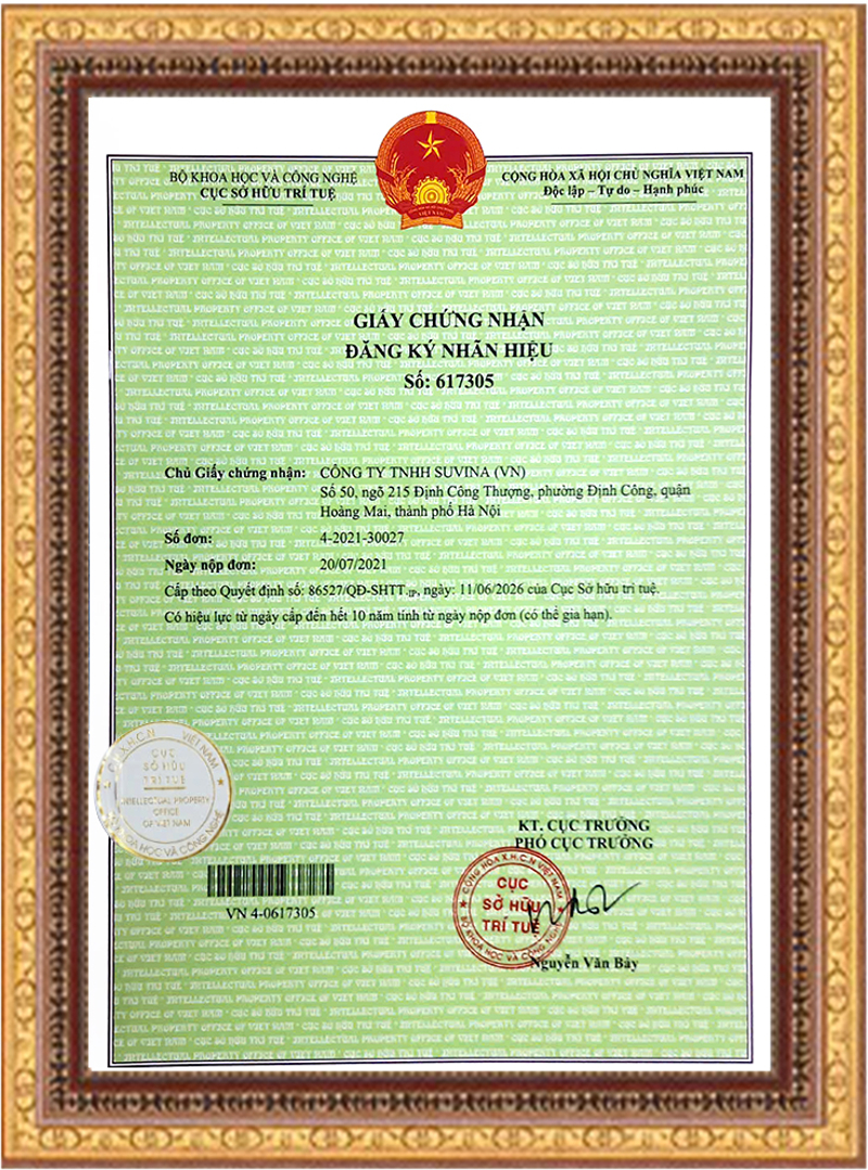 SUVINA có chứng nhận đăng ký nhãn hiệu cấp bởi Cục Sở Hữu Trí Tuệ